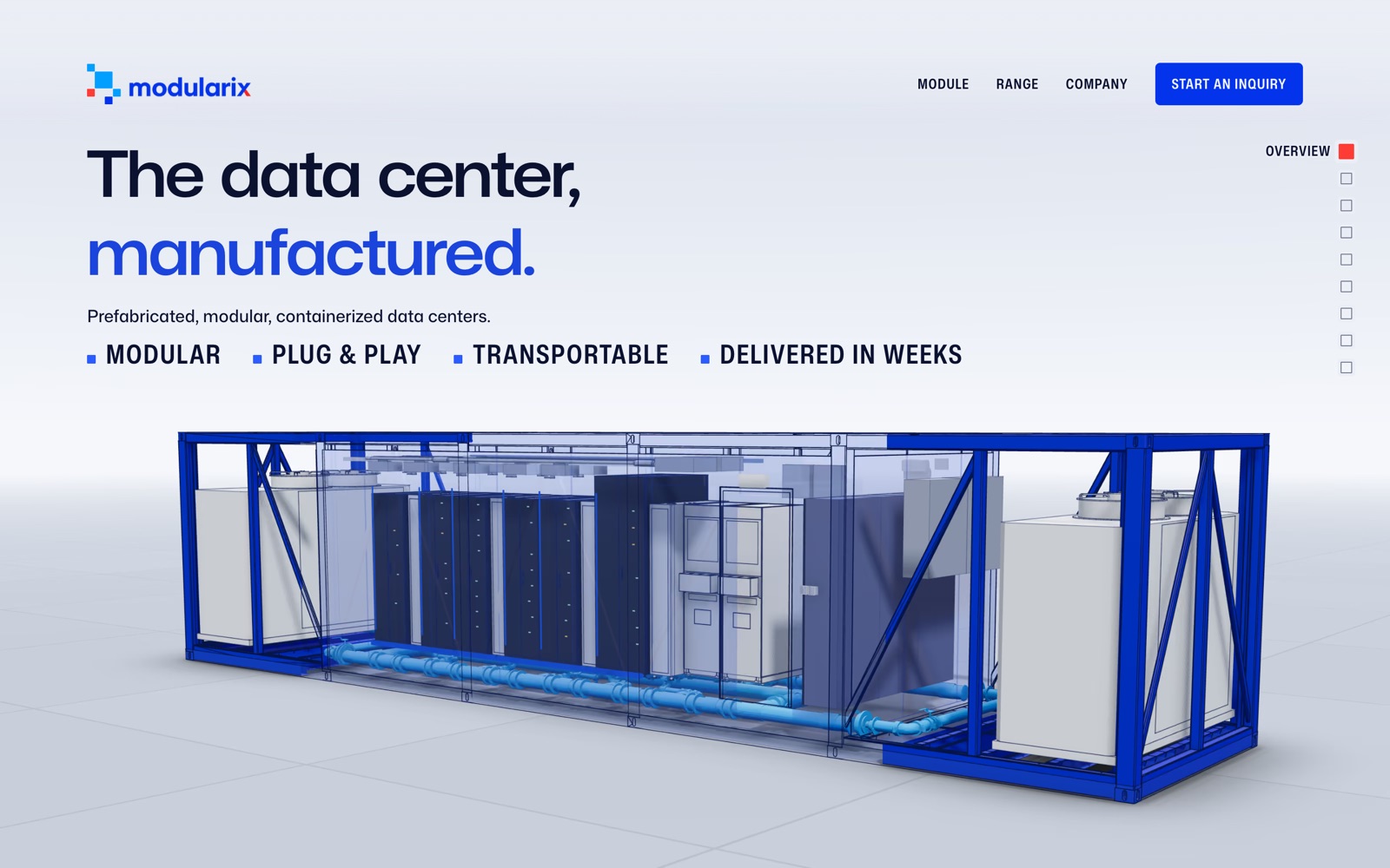Modularix website home page: a cut-away 3D module under the headline “The data center, manufactured.”
